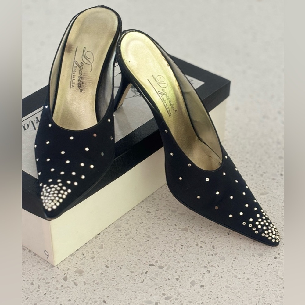Dezario Black Studded pointy-toe mule, fabric with crystal studs.